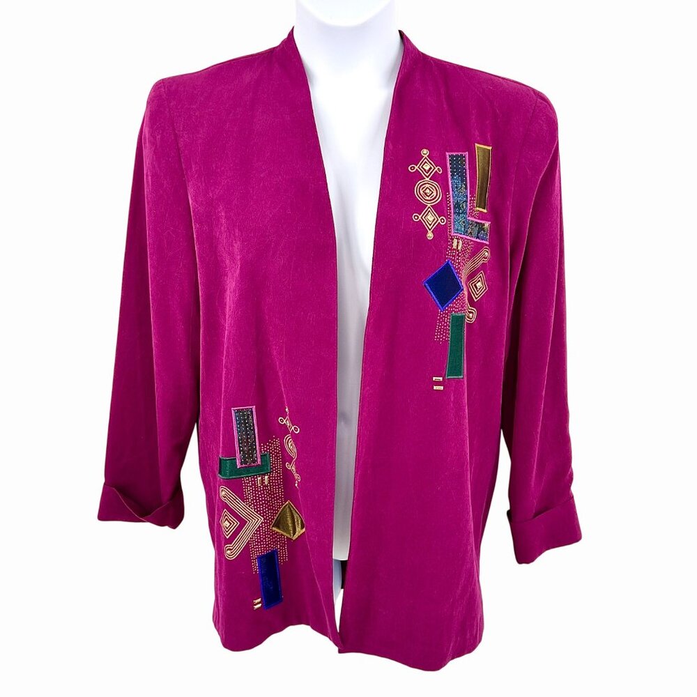 VTG CITY GIRL SPORT FUCHSIA EMBELLISHED CUFFED SLV 80'S OPEN FRONT BLAZER JACKET